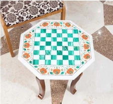 24" Chess Board white Marble chess Table Top inlay malachite Home room decor