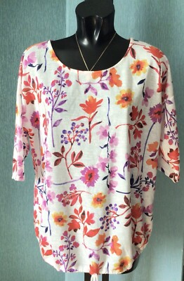 Ladies White Multi Top Floral Size 16 Toggle Hem 3/4 Sleeves