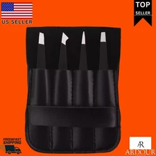 Black Tweezers Set 4-Piece Professional Stainless Eyebrow Hair Pluckers +Case
