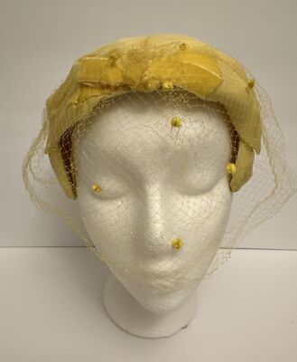Vintage 50s-60s Canary Yellow Netted Veil Floral Half Hat Whimsy