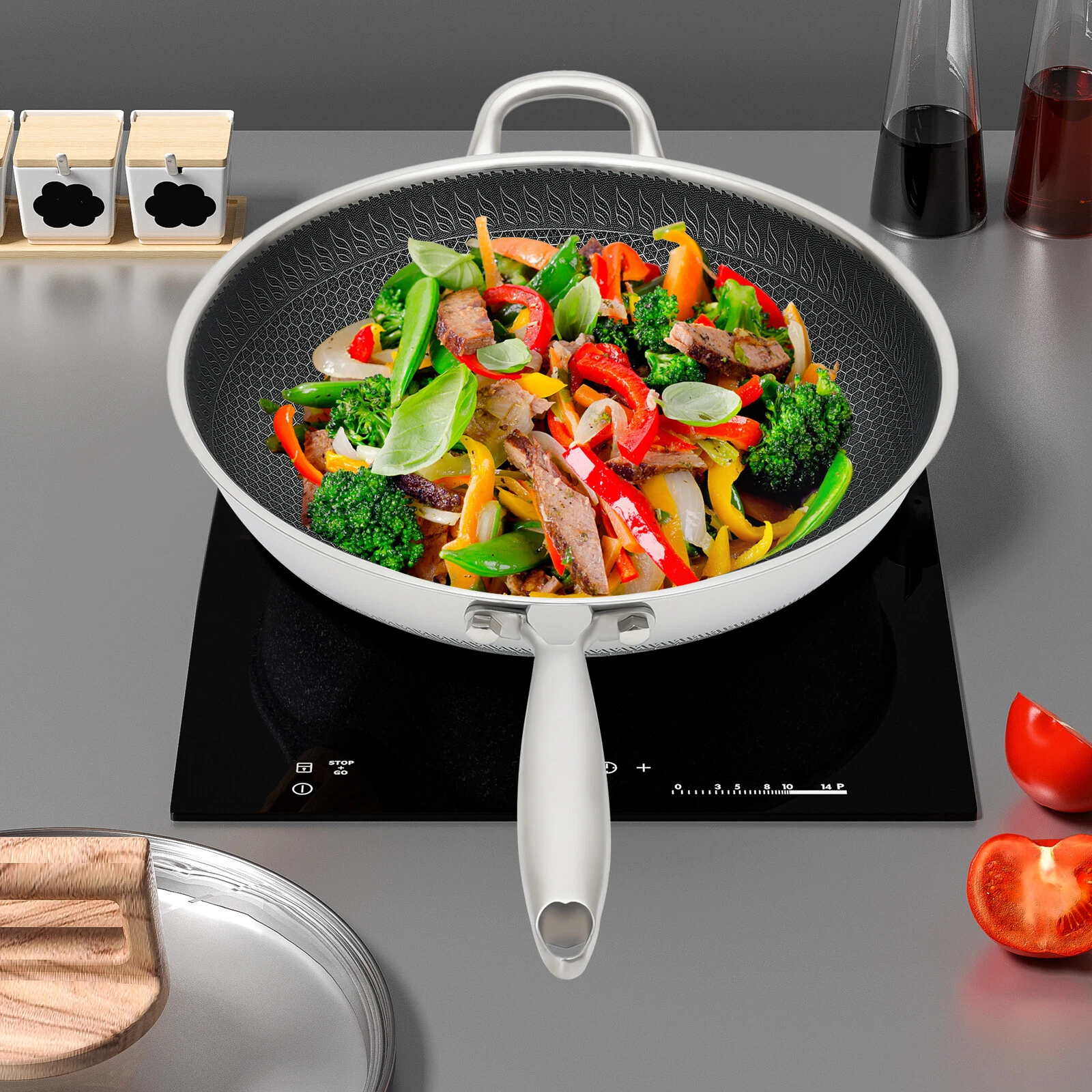 Non Stick Double Sided Screen Wok Stainless Steel Kitchen Frying Pan