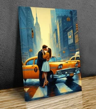 Couple kissing in new York taxis Digital Art mounted canvas print