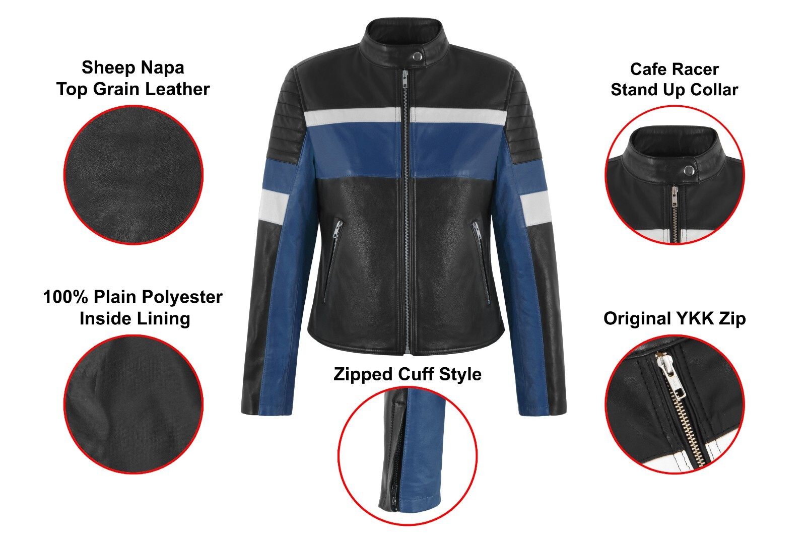 Women's Racing Leather Jacket Black Blue Classic Fashion Biker Style