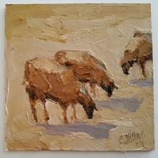 Sheep Painting Original Oil Artwork Landscape Abstract Modern Small Wall Artwork