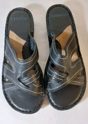 Dockers Womens Sandals Black Sz 7 Med Slip On Cambree K Leather Straps NOS - Picture 2 of 7