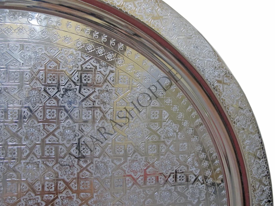 Orientalisches Tablett Teetablett Tischplatte "Tefor" Ø 80 cm Silber Messing - Bild 3 von 3