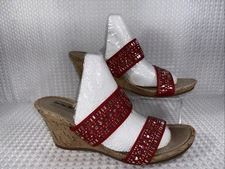 Coach And Four Wedge Sandals Metallic Stud Embellishments Fabric Strap Size 9.5M