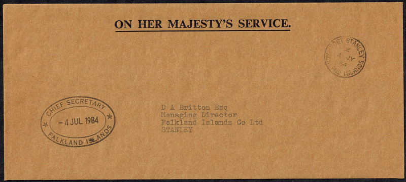 Falkland Islands 1984 OHMS Cover to FIC Managing Director w/ CHIEF SECRETARY H/S
