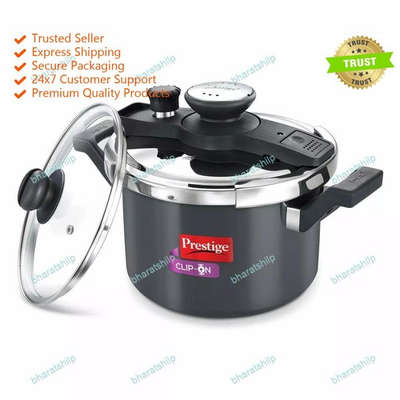 #ad Prestige Clip Aluminium Pressure Cooker with Glass Lid 5 Litres 2 Pieces Black $126.57