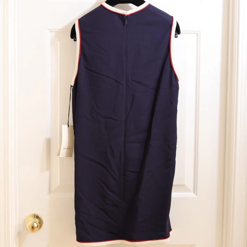 ЧИТАЙТЕ Gucci темно-синий без рукавов ворота платье красный белый темно-вискоза 524232 6 / M - Изображение 2 из 4