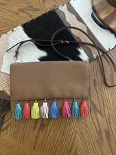 Rebecca Minkoff Leather Tassel Crossbody Clutch Brown Multicolor Fringe Boho