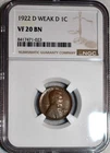 NGC VF-20 BN 1922 Weak D Lincoln Cent, Attractive specimen w/ a Very Weak D.