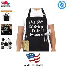 BBQ Funny Apron for Men, Chef Bib Apron with 2 Pockets, Adjustable Neck Strap...