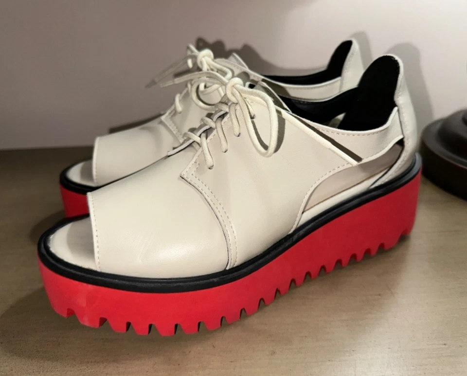 New ALL BLACK Leather Open Toe Flatform oxfords shoes EU 38.5 US 8 White - Image 3 of 4