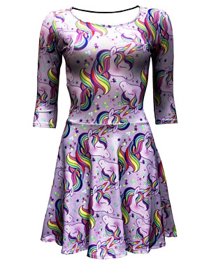Damen Süß Multi Regenbogen Einhorn Stars Rockabilly 3/4 Ärmel