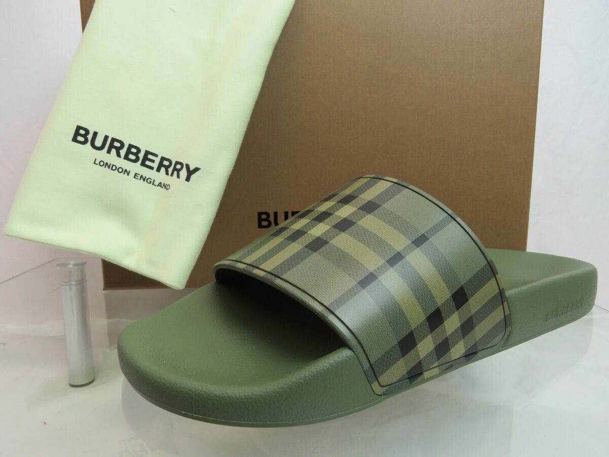 【関税&送料込み】Burberry Furley Sandals NIB BURBERRY FURLEY GREEN RUBBER CHECK LETTERING LOGO SANDAL