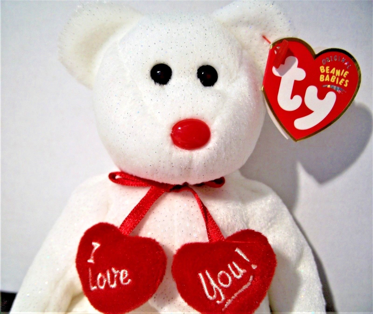 TY BEANIE BABIES TRULY THE WHITE BEAR WITH RED NOSE AND RED