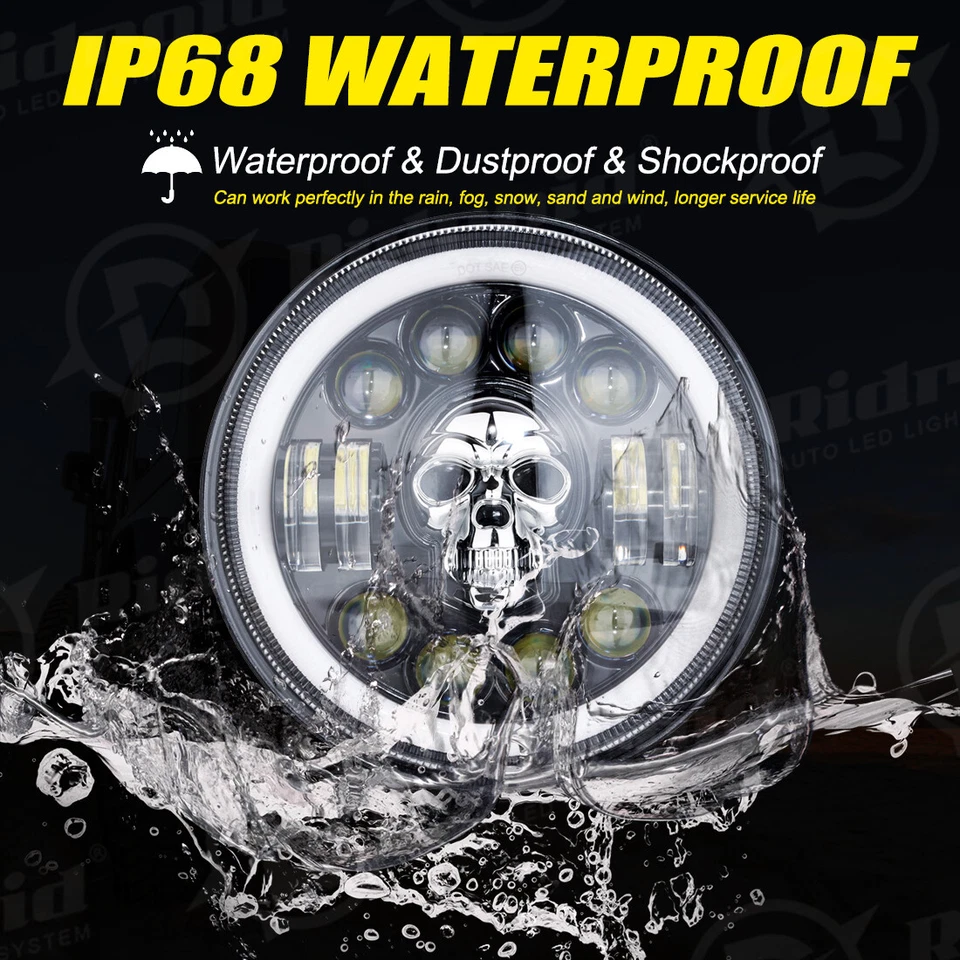 Kit de faros LED calavera cromados de 7" pulgadas RGB + luces de paso de 4,5 pulgadas para Harley Foto 4 de 4