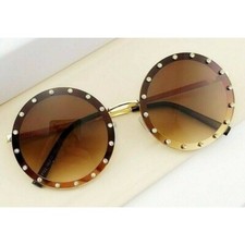 Round Sunglasses Women, Rhinestone Accent, Brown Lens, Fashion Shades UV400 New