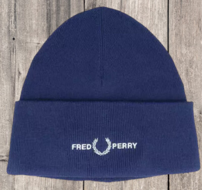 Fred Perry Navy  Blue Turn Up Classic Beanie Hat Logo One Size Unisex C4114