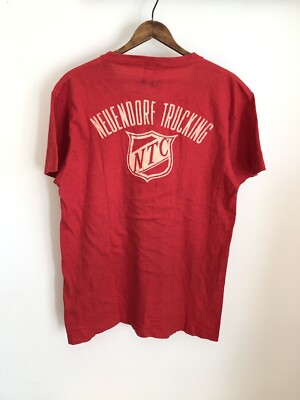 VTG 60s Artex Sportswear Neuendorf Trucking Co NTC Flocked Logo Shirt Red Large
