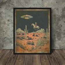 UFO COWGIRL WESTERN ALIEN Wall Art, UAP Sci-fi Horse Desert Cactus Flower Poster