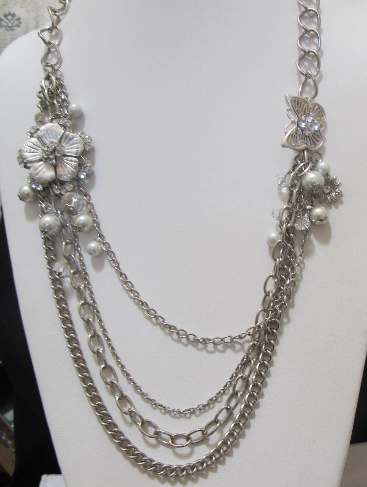 Statement Silver Tone Rhinestone FLOWER & BUTTERF… - image 2