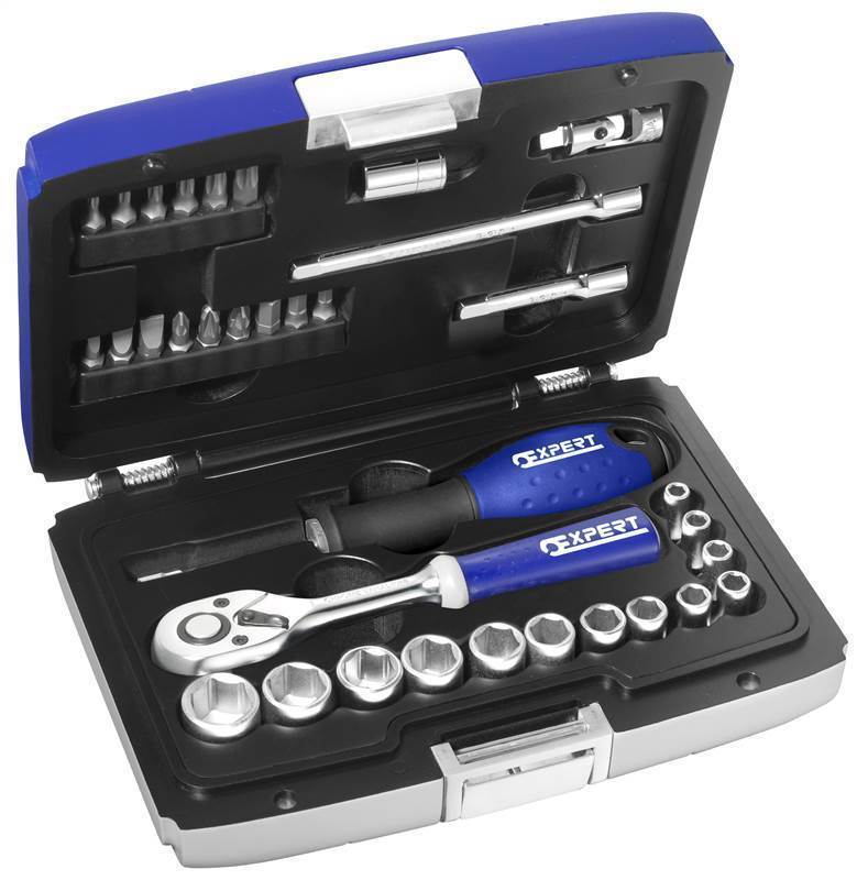 Britool Expert 1/4-Inch Drive Socket Set - 34 Piece Professional Tool Kit With Ratchet, Sockets, Bits & Case