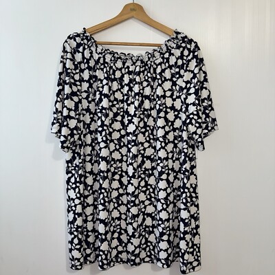 TALBOTS Plus 2X Navy White Floral Knit Jersey Gathered Neck Top Women s
