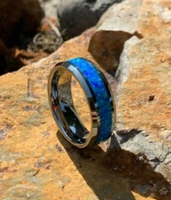 8mm Men or Women Tungsten Carbide Hawaiian Opal Blue Inlay Wedding Band Ring