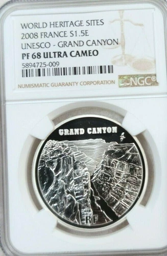 2008 FRANCE SILVER 1.5 EURO GRAND CANYON NGC PF 68 ULTRA CAMEO SCARCE COIN
