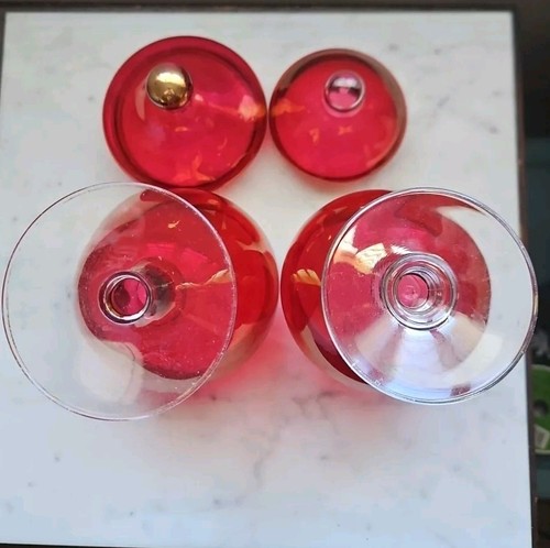 Vintage Cranberry Red Glass Pedestal Candy Dish Lot Of 2 Vanity Jar w Lid - Picture 13 of 15