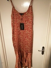 Pretty Little Thing Red Leopard Print Frill Hem Midi Dress Size 12