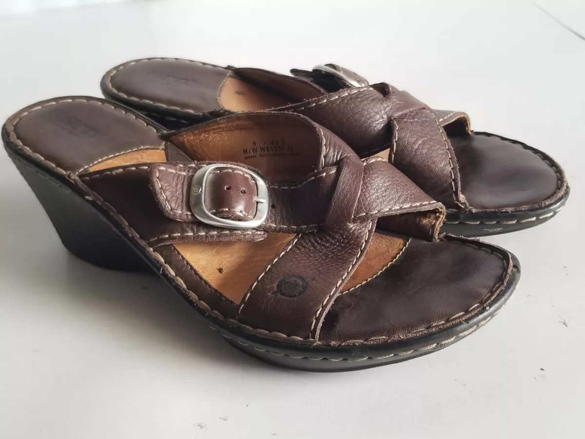 Born Sandals Womens 9 Light Brown Leather Wedge Slip On eBay