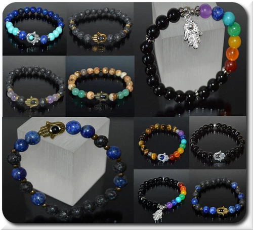 Hamsa Natur Armband Fatima Hand Armband Surferarmband Edelstein 7 Chakren Lava