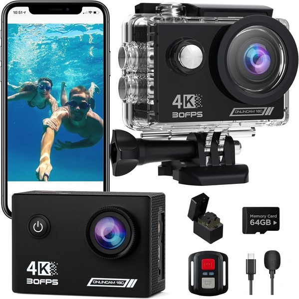Cámara Deportiva 4k 30fps con Tarjeta SD 64G, 131ft Cámara Acuatica