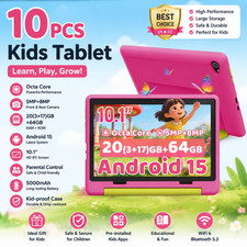 AEEZO Kids Tablet 10.1 inch Android 15, 20GB 64GB ROM, Dual Camera 5MP 8MP,10 pc