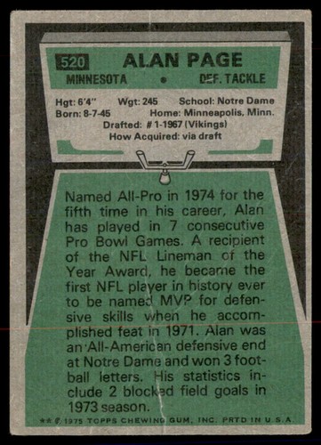 1975 Topps #520 Alan Page (wrinkle/crease) - Picture 2 of 2