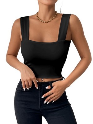Damen  Ärmellos Skinny Basic Strappy Crop Tank Tops 2025 Schwarz L O5K32681