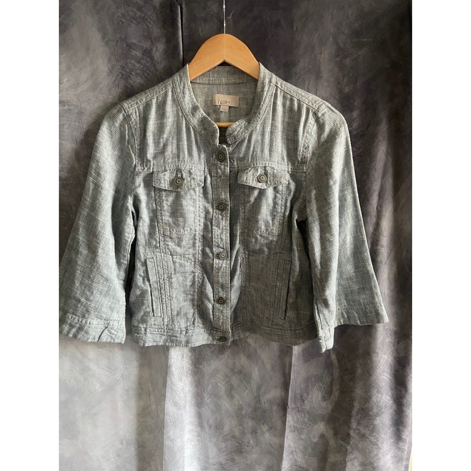 Ann Taylor LOFT Women Blue Linen Cotton Utility Jacket 3/4 Sleeve XS