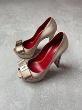 Cesare Paciotti Champagne Satin Platform Pumps Red Lace Sole Bow Peep Toe Sz 37