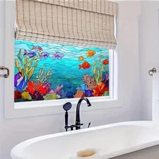 Window Film Stained Glass Window Privacy Decorations Underwater Scene Fish 