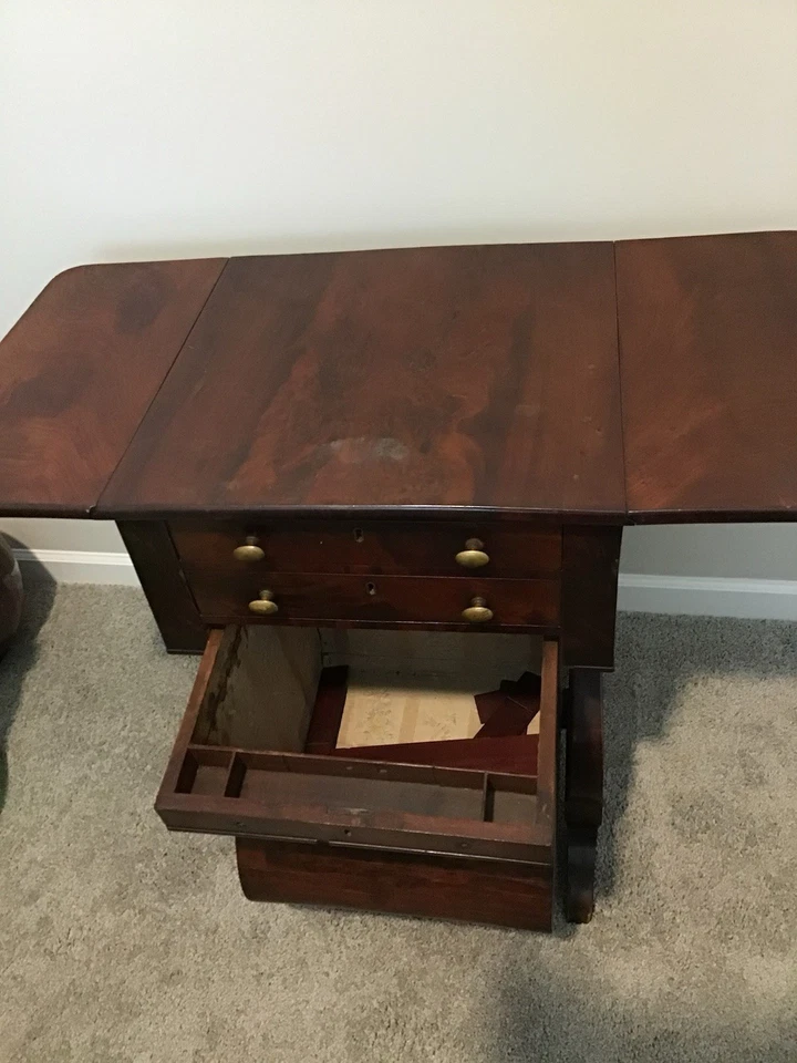  古董 1800 年代工作台/缝纫架带腹抽屉-落叶/书桌/红木  — 第 2/4 张图片