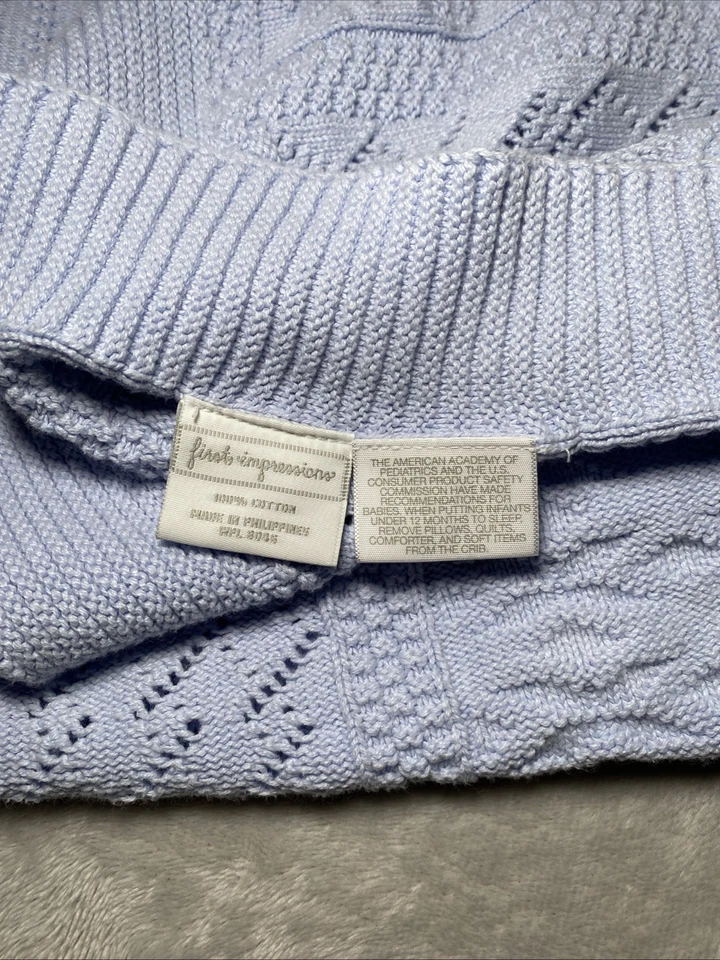 First Impressions Baby Blanket Light Blue Knitted Patchwork 100% Cotton Lovey - Image 4 of 4