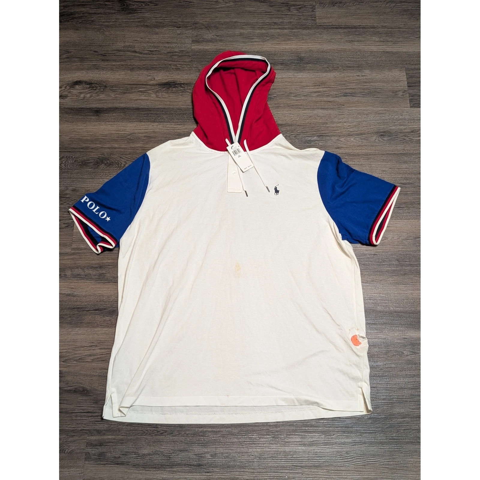 Polo Ralph Lauren XXL Short Sleeve Hoodie Colorblock White Red Blue NWT FLAWS