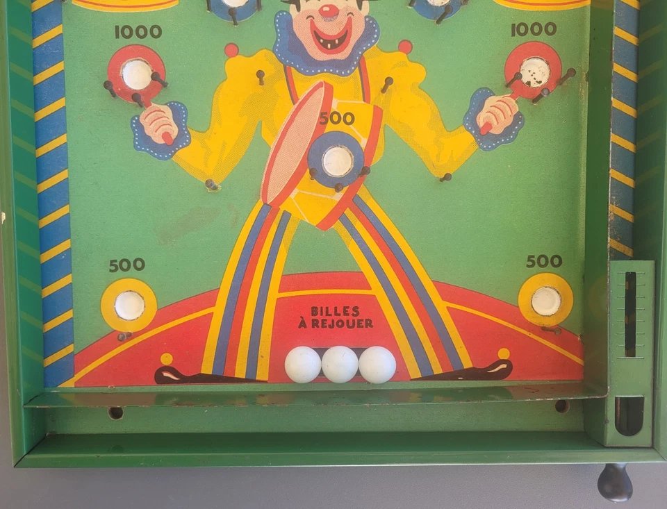 ancien flipper bois carton tole clown otaries avec 3 billes - Photo 4/4