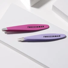 Tweezerman Mini Oval Slant And Point Tweezer Combo, Purple Pink