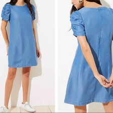 Loft Ruched Short Sleeve Chambray Shift Dress Size 14
