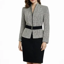 Kasper Size 8P 2-Piece Skirt Suit Belted Blazer Jacket Wool Career Black White 