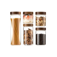 Glass Canister Set of 5 with Acacia Wood Lids Airtight Food Storage Jars for ...